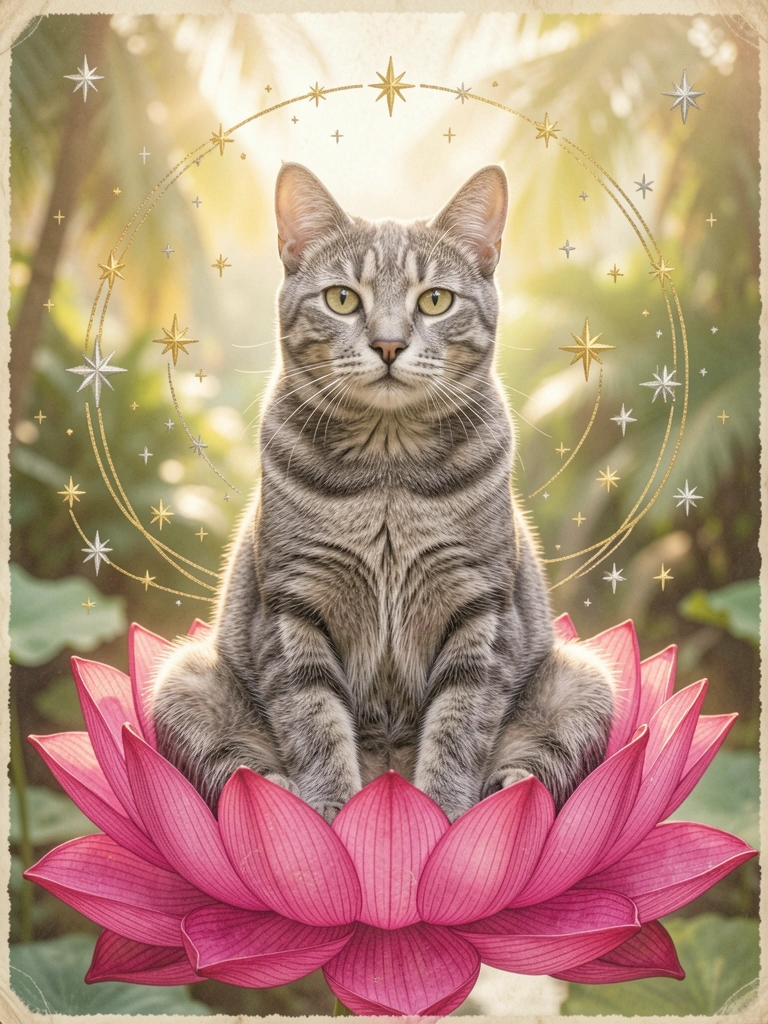 Gato cinza sentado em lótus rosa vibrante com estrelas douradas e prateadas, luz natural suave ao fundo.