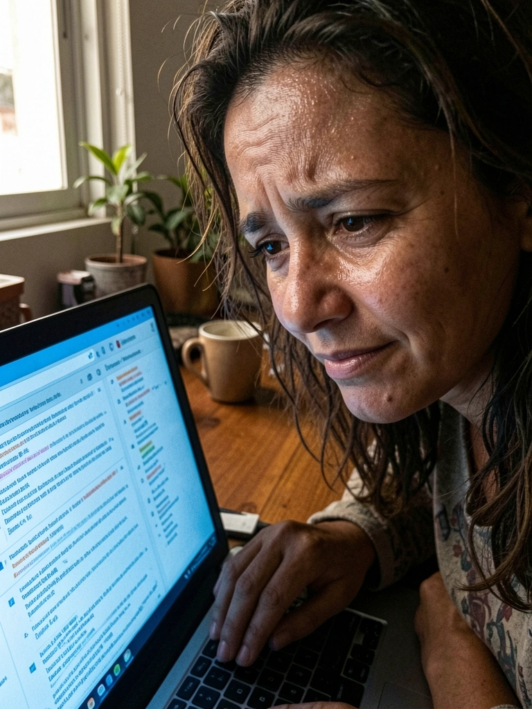 Mulher com expressão cansada olhando para tela de notebook cheia de e-mails.