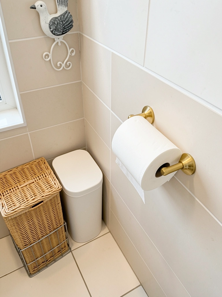 Banheiro moderno com suporte de papel higiênico dourado na parede, ao lado de pia e espelho.