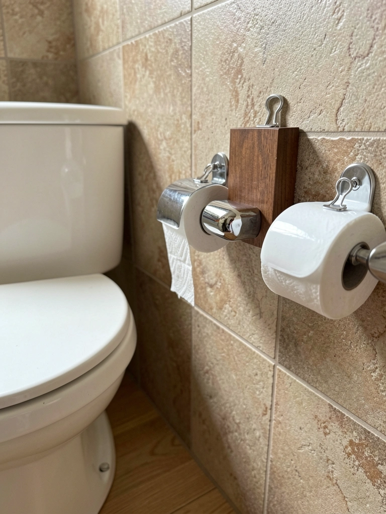 Três suportes de papel higiênico lado a lado: um de metal cromado, um de madeira maciça e um de cerâmica branca.