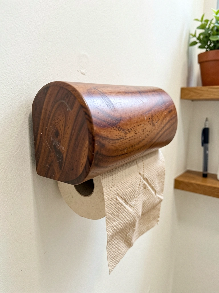 Suporte de madeira maciça fixado na parede de um banheiro, com rolo de papel higiênico e vaso de plantas ao lado.