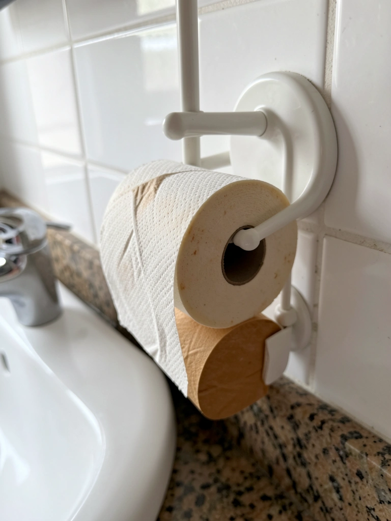 Suporte de cerâmica branca ao lado de uma pia, com rolo de papel higiênico.