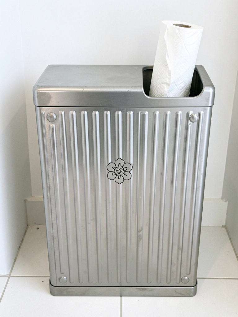 Suporte de papel higiênico de metal escuro instalado no chão ao lado de um vaso sanitário em banheiro amplo com azulejos claros.