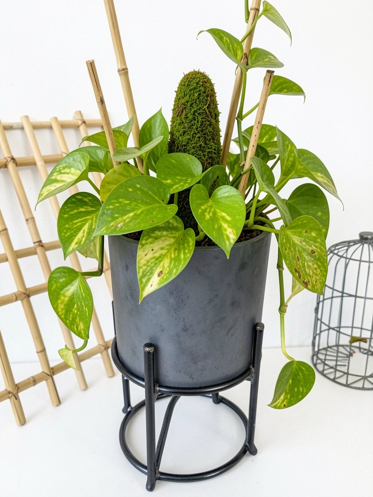 Tutor de bambu, treliça, totem de musgo e gaiola para tomates em um jardim
