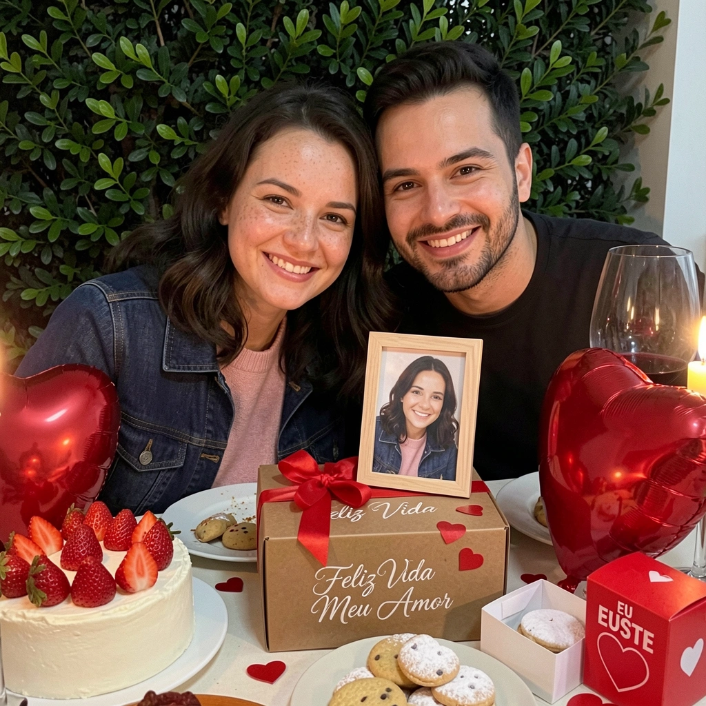 Casal sentado à mesa com velas, pratos gourmet e taças de vinho.