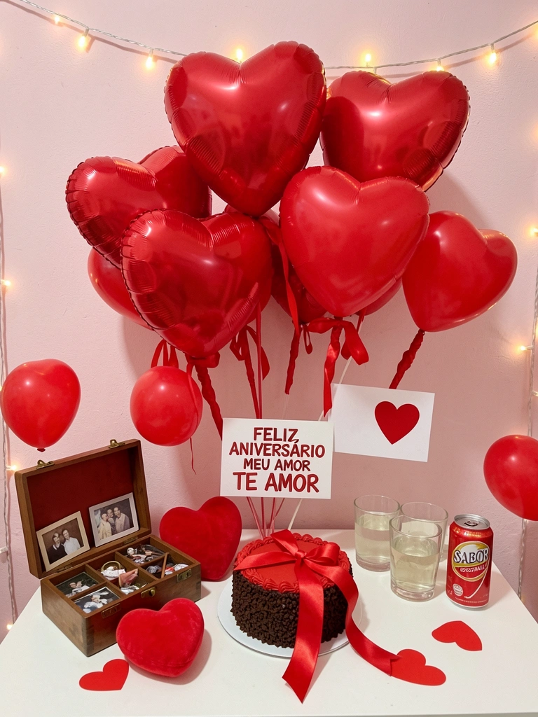 Caixa de papelão aberta com fotos, bilhetes e um coração de pelúcia vermelho sobre uma mesa de madeira.