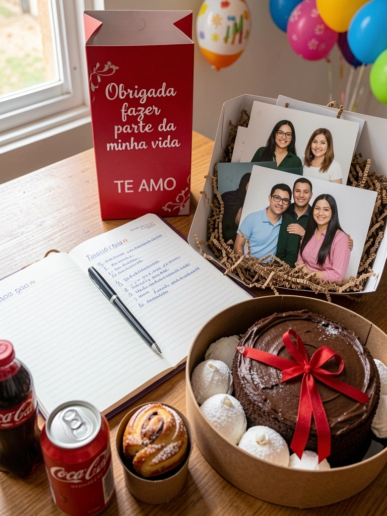Agenda aberta com caneta, lista de tarefas e balões de aniversário coloridos ao fundo.