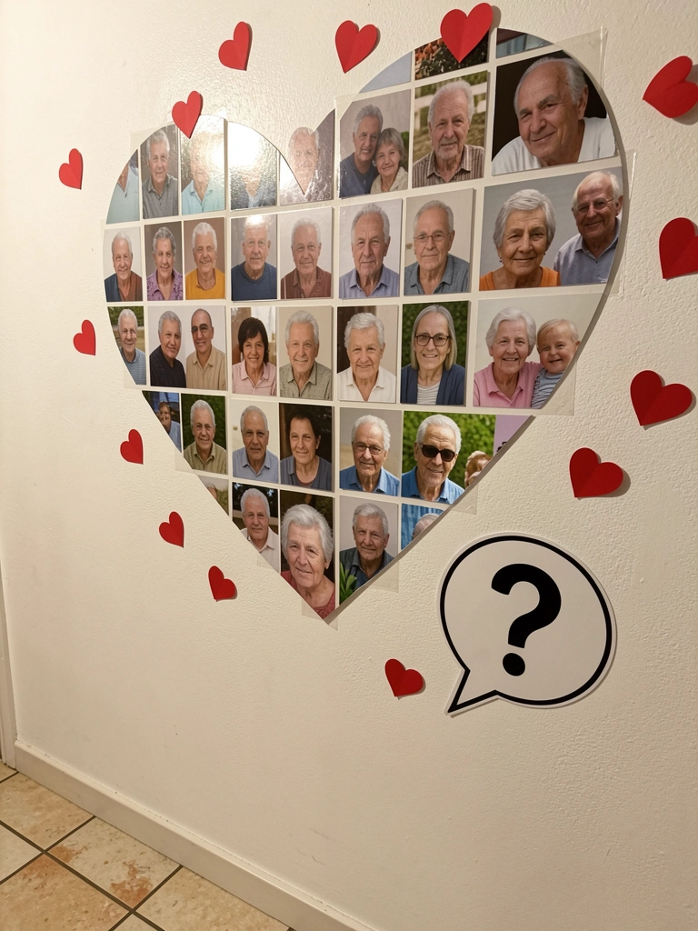 Balão de diálogo com ponto de interrogação e corações ao redor.