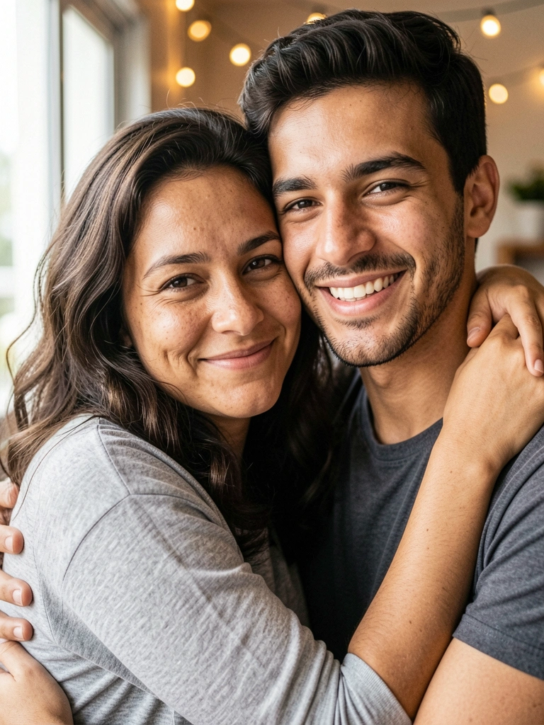 Casal abraçado sorrindo, com luzes desfocadas ao fundo.