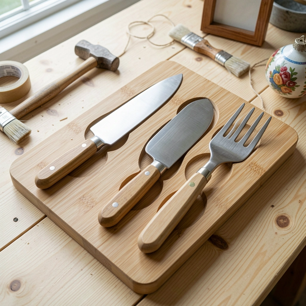 Mesa de trabalho com tábuas de pinus, ferramentas e projetos de decoração ao fundo.