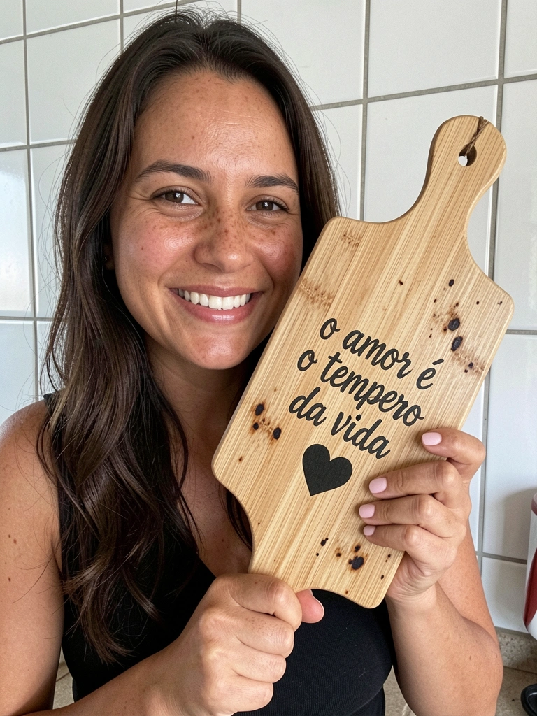 Mulher sorrindo segura uma tábua de madeira pintada em ambiente doméstico.