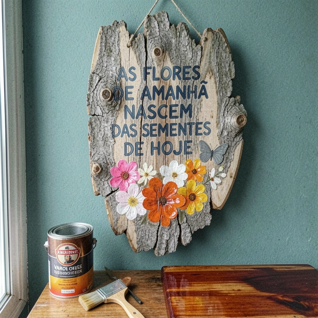 Lata de verniz e pincel sobre superfície de madeira, ao lado de uma tábua envernizada.