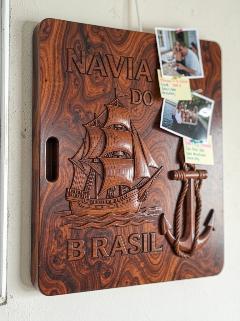 Tábua de madeira pendurada na parede com fotos e lembretes presos por pregadores.