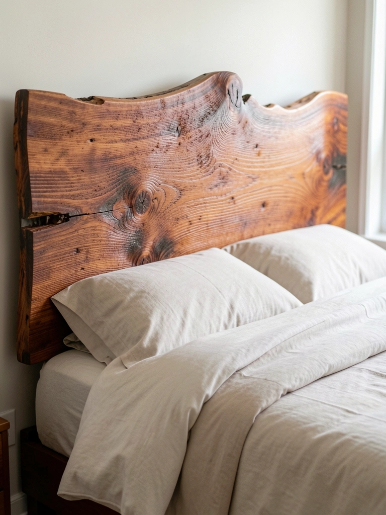 Cabeceira de madeira rústica atrás de cama com roupa de cama neutra.