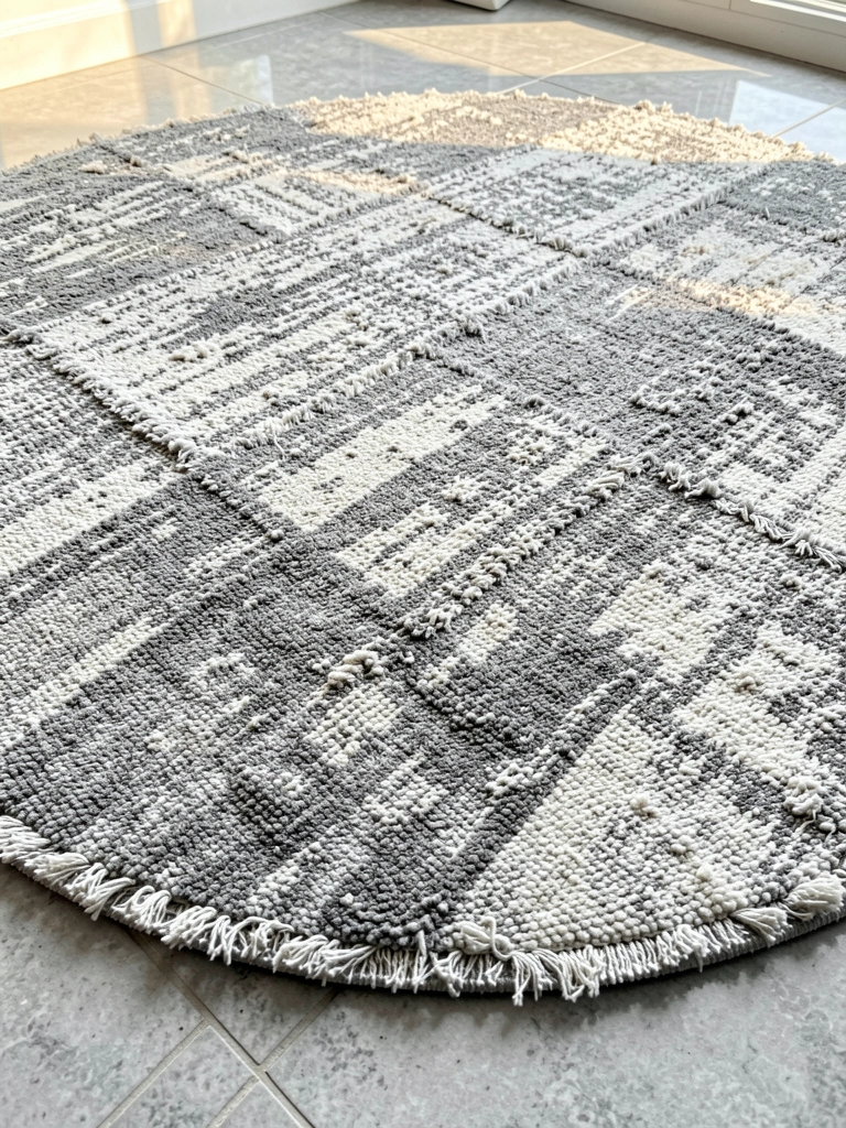 Primeiro plano de tapete redondo grande, texturizado, em tons de cinza e branco, com design patchwork desgastado e franjas desfiadas, sobre piso de cerâmica cinza claro polido, iluminado por luz natural difusa e sombras suaves.