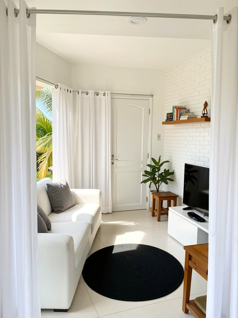 Sala iluminada com sofá modular branco, tapete redondo preto, estante flutuante, cortina branca e parede texturizada.