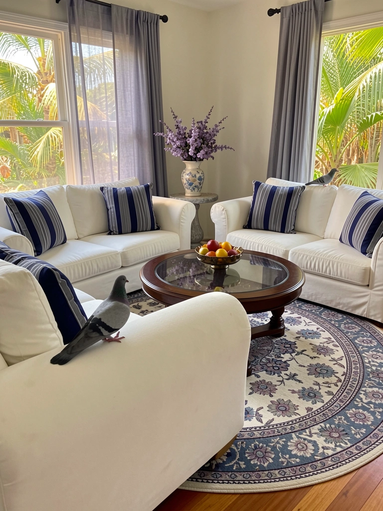 Sofás brancos com almofadas listradas azuis e cinza, mesa de vidro com tigela de frutas, e tapete floral em azul, roxo e branco.