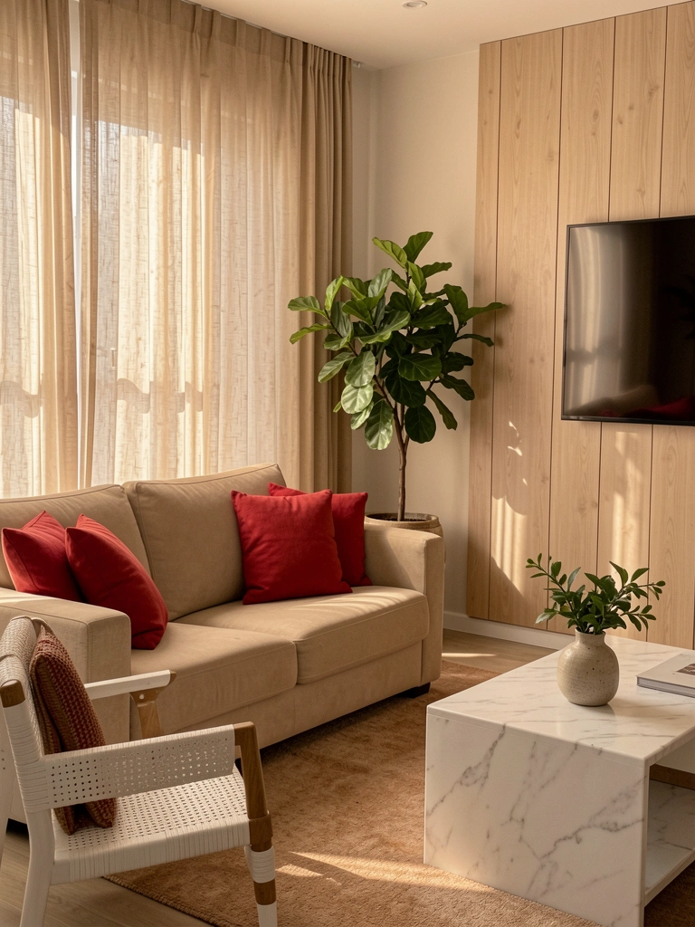 Sofá bege e cadeira de vime branca com painel de madeira claro, vaso de planta e cortinas de linho sob luz difusa.