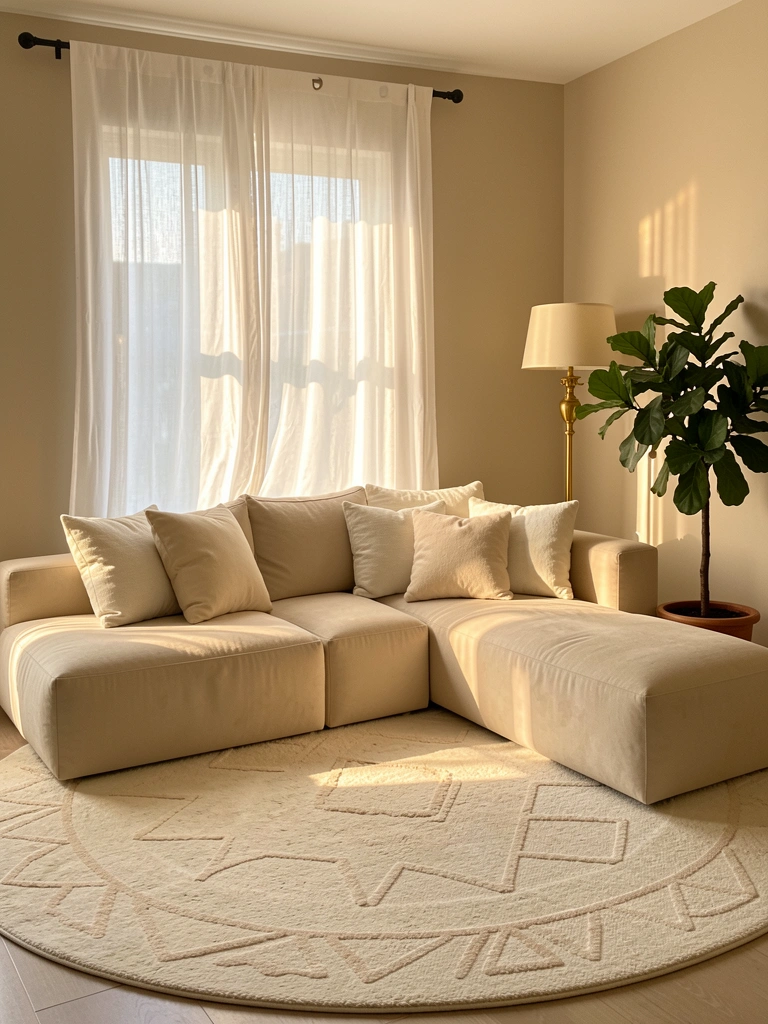 Tapete redondo felpudo em tons de creme e bege, sofá modular claro, luminária de chão dourada e planta com folhas verdes sob luz natural difusa.
