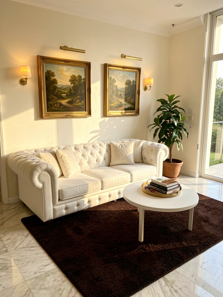 Sofá Chesterfield branco com almofadas fofas, tapete marrom escuro, mesa de centro redonda com livros e bandeja, plantas e luz natural.