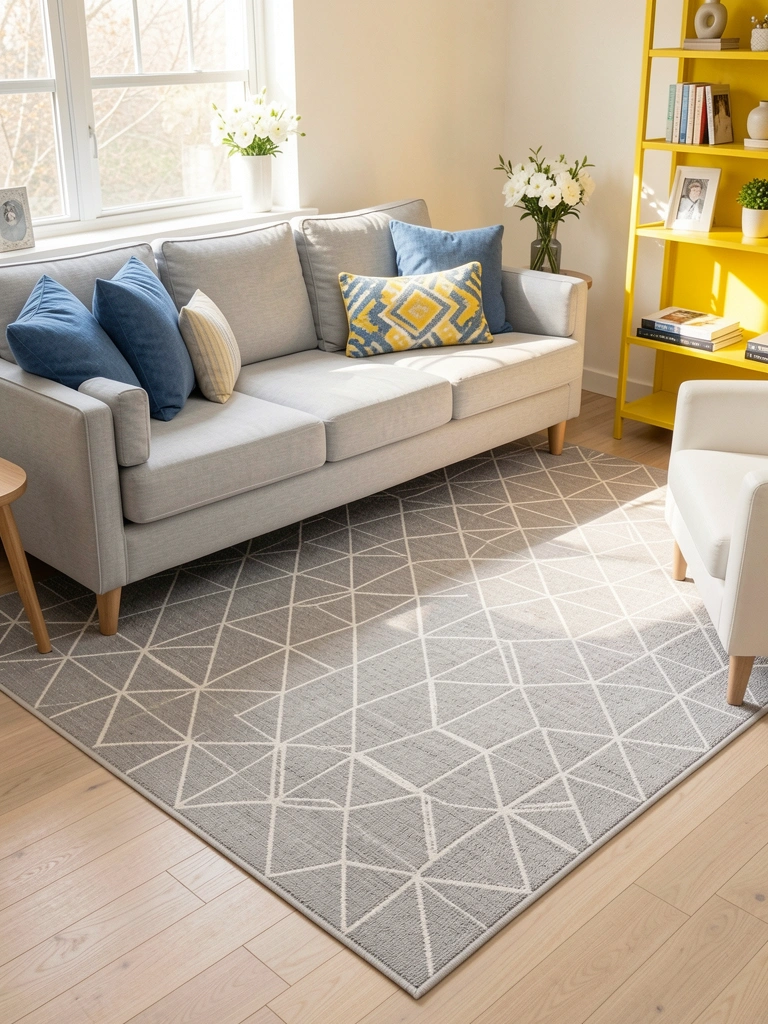 Tapete geométrico cinza e branco sob sofá cinza claro com almofadas azuis e amarelas, poltrona branca e bouquet de flores brancas ao fundo, luz natural.