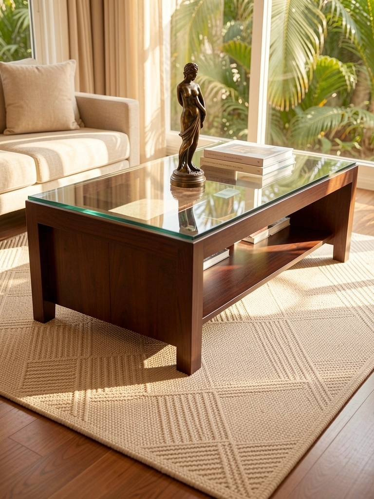 Tapete beige com padrão geométrico sob mesa de centro de vidro e base escura, escultura de bronze e livros empilhados, luz natural.