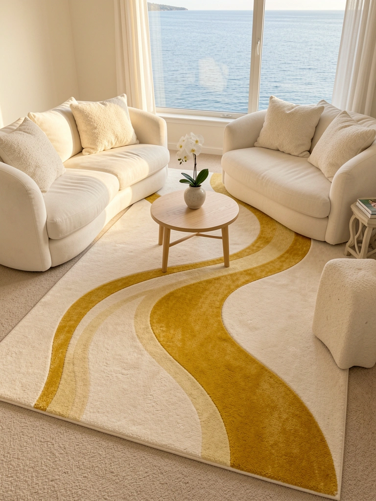 Tapete creme com desenho abstrato dourado lembrando um rio, sofás arredondados off-white, mesa de centro redonda clara com vaso e orquídea branca, luz natural abundante.