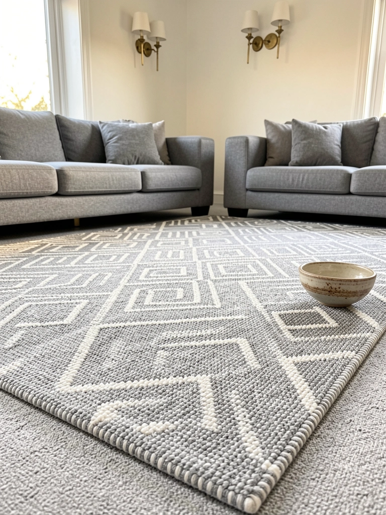 Tapete geométrico cinza e branco sobre carpete claro, sofás estofados cinza, arandelas decorativas e luz natural.