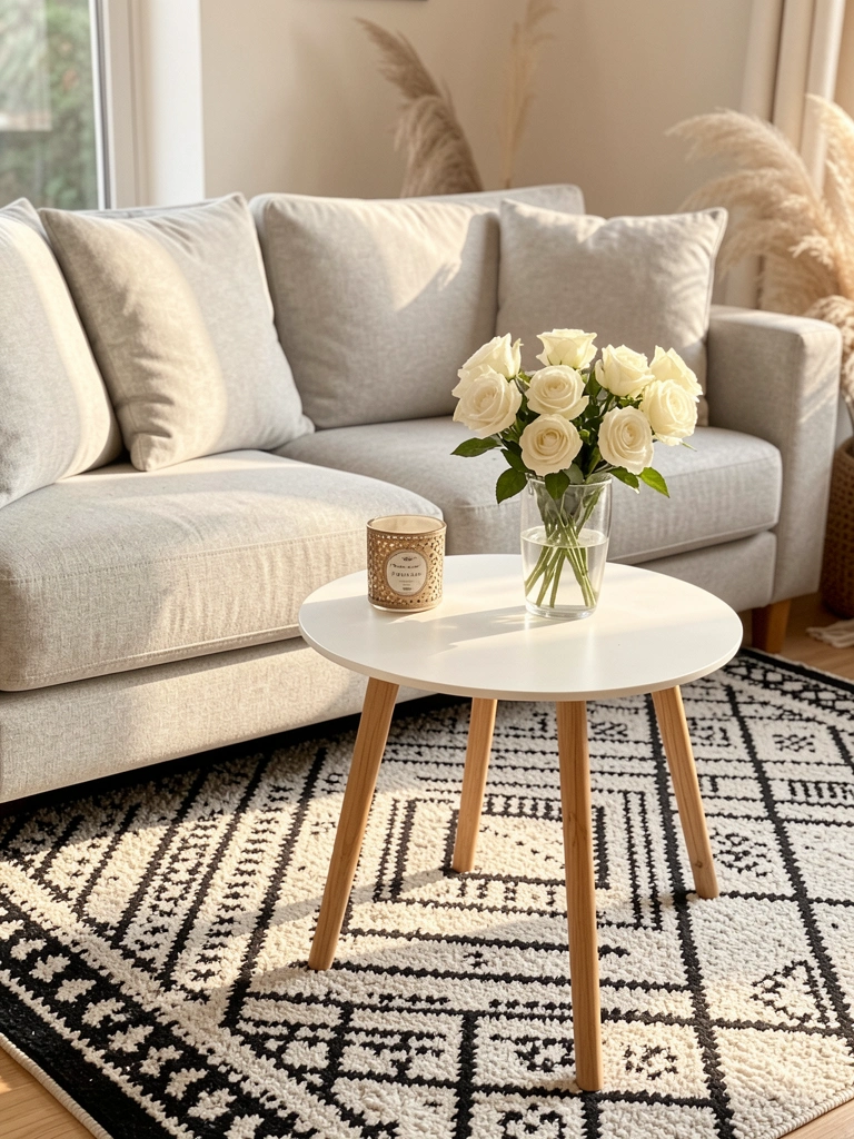 Tapete de padrão geométrico preto e branco sob sofá cinza claro, mesa redonda de madeira com vaso de rosas brancas e vela decorativa, luz natural suave.