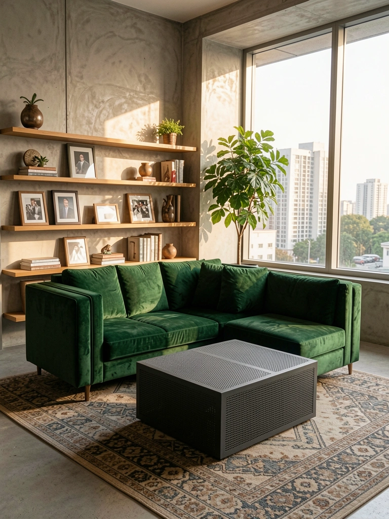 Sofá de veludo verde e tapete estampado sobre piso de concreto, mesa de centro escura com cestaria, estante de madeira e vaso com planta alta sob luz natural de janela ampla com vista urbana.