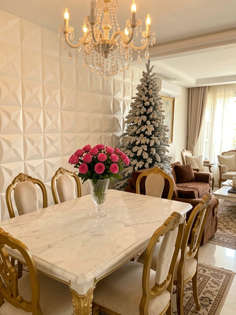 Mesa de mármore branco com cadeiras douradas e buquê de rosas, árvore de Natal iluminada e painel texturizado na parede.