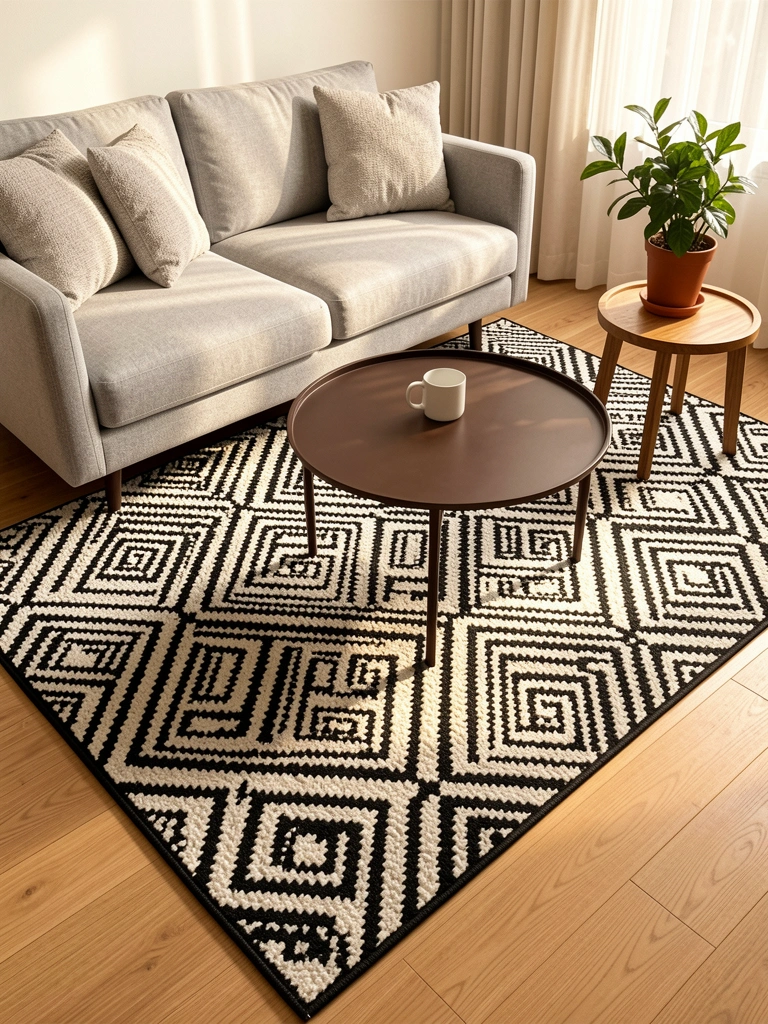 Tapete geométrico preto e branco de alto padrão, sofá cinza claro texturizado, mesa redonda de madeira escura com xícara branca, luz natural difusa.