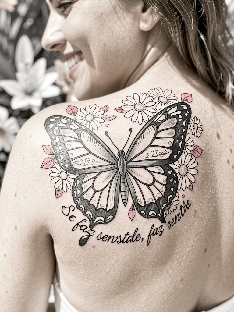 Tatuagem de borboleta com desenho floral detalhado em preto e cinza nas costas, com margaridas brancas e inscrição à mão, pele natural e luz solar.