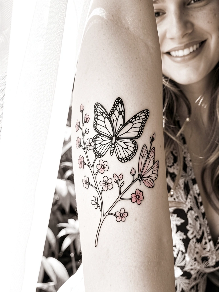 Tatuagem de borboleta com linha preta delicada e flores rosas em ramo fino, pele com textura sutil, luz suave filtrando por cortina, fundo desfocado de jardim tropical.