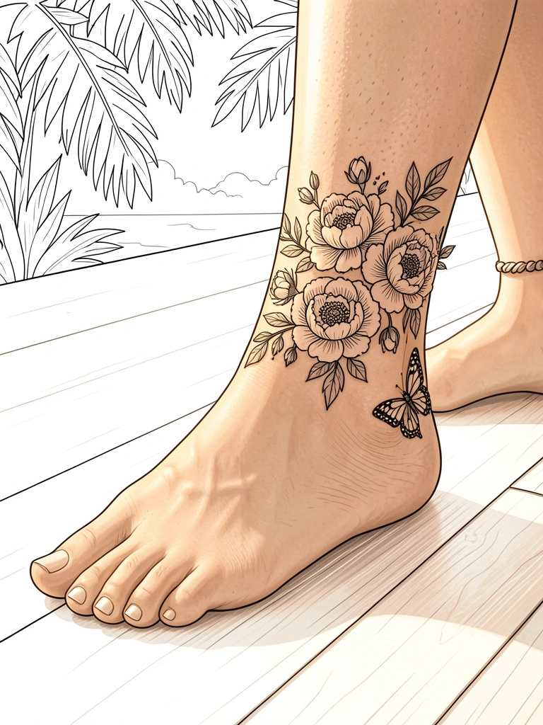 Pé feminino com tatuagem floral preta e borboleta sobre assoalho de madeira clara, banhado por luz solar natural.