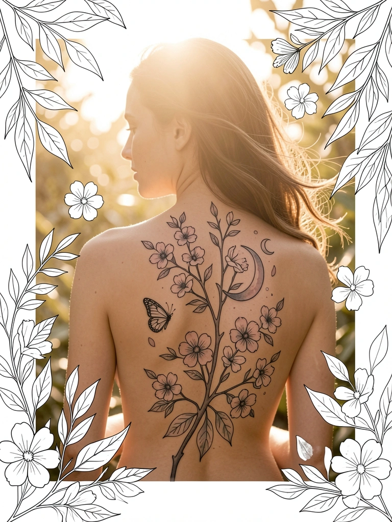 Tatuagem preta em estilo aquarela de ramo florido, borboleta e lua crescente verticalmente nas costas, luz dourada filtrada pela folhagem ao fundo.