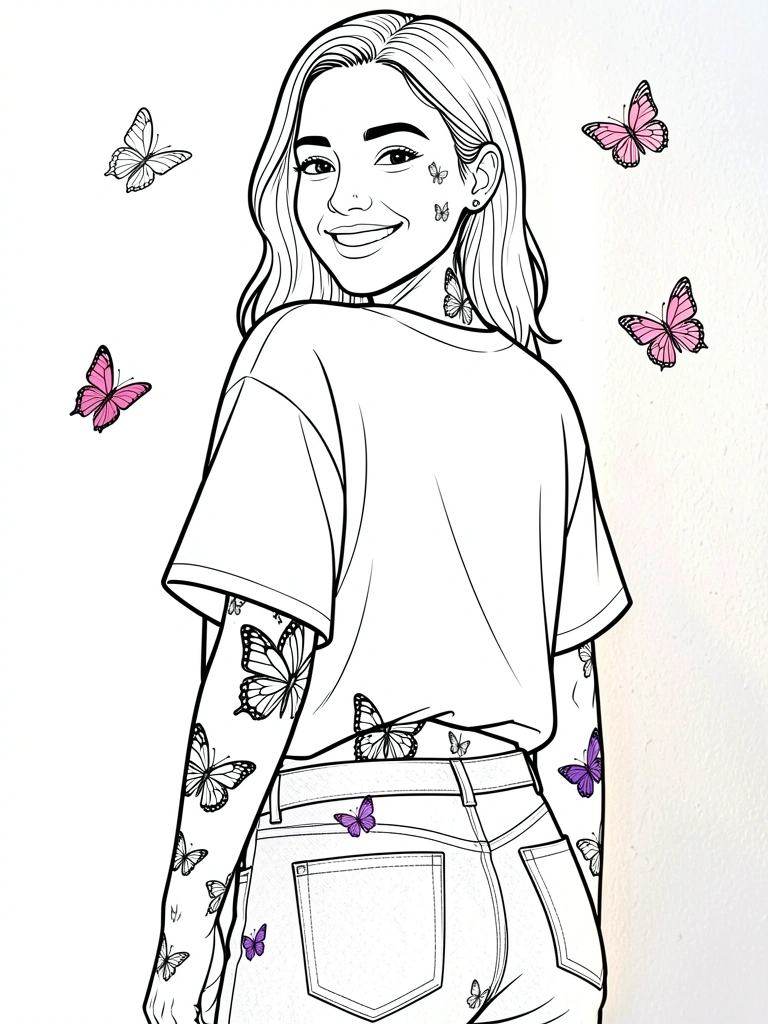 Traços pretos nítidos em fundo branco: mulher com camiseta larga e jeans exibe múltiplas borboletas pequenas tatuadas, incluindo uma roxa no quadril.