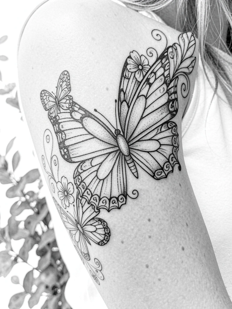 Braço feminino com tatuagens de borboletas e flores em linhas pretas finas, iluminado por luz natural difusa, fundo branco puro.