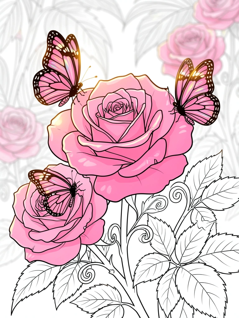 Desenho em preto e branco, estilo livro de colorir infantil, com rosa, folhagens e três borboletas. Traços nítidos, fundo branco puro.