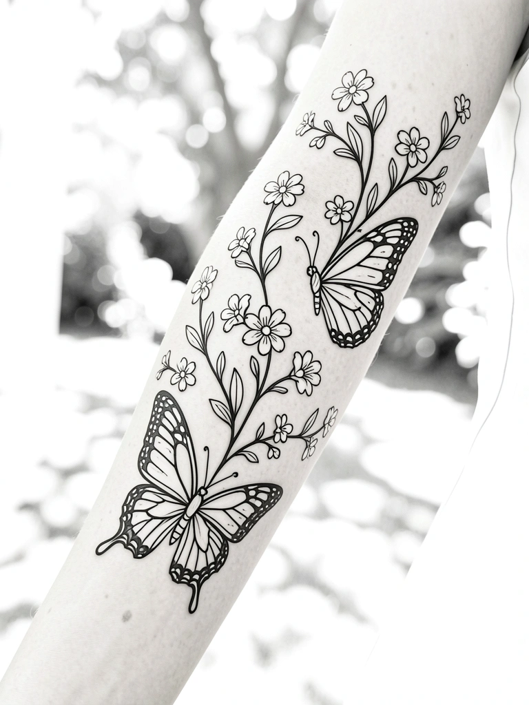 Braço feminino com tatuagem de borboleta e flores em traços pretos finos, fundo desfocado de jardim com luz natural.