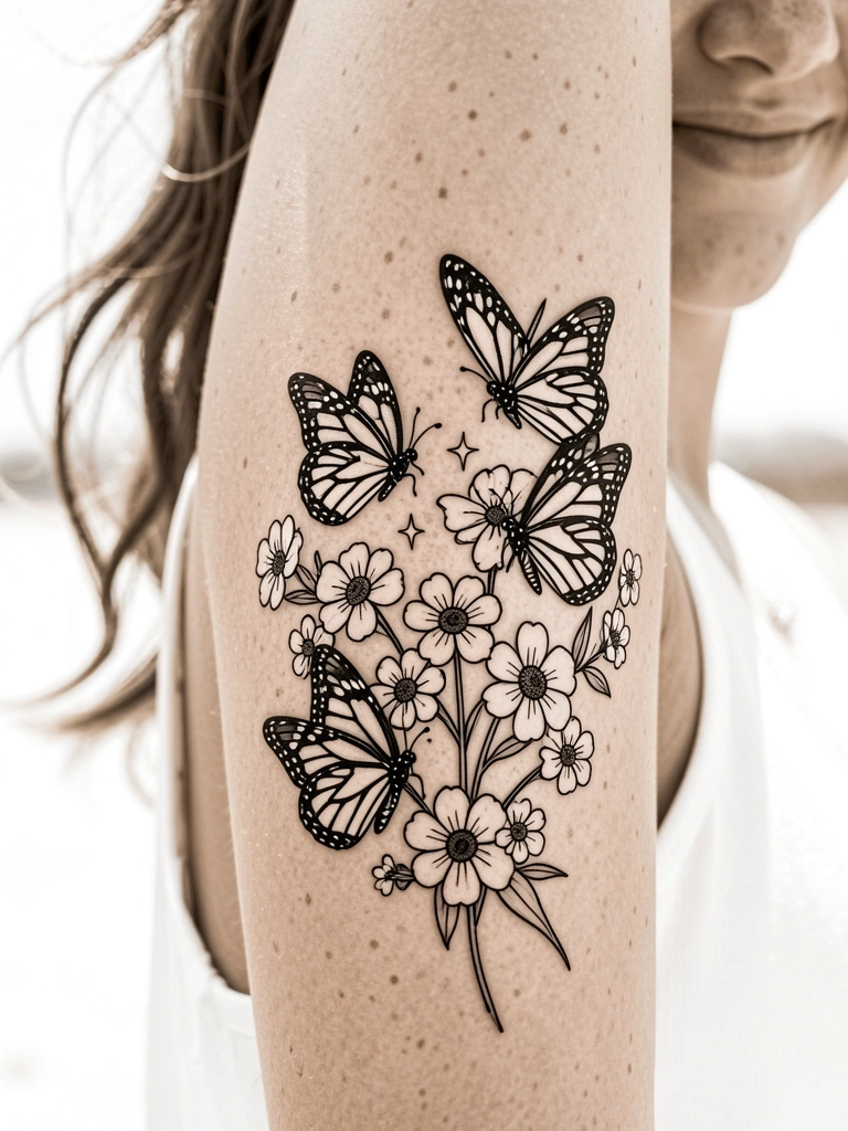 Tatuagem de borboletas com asas pretas detalhadas e flores brancas de centro escuro no braço, com sardas e luz solar suave ao fundo desfocado.