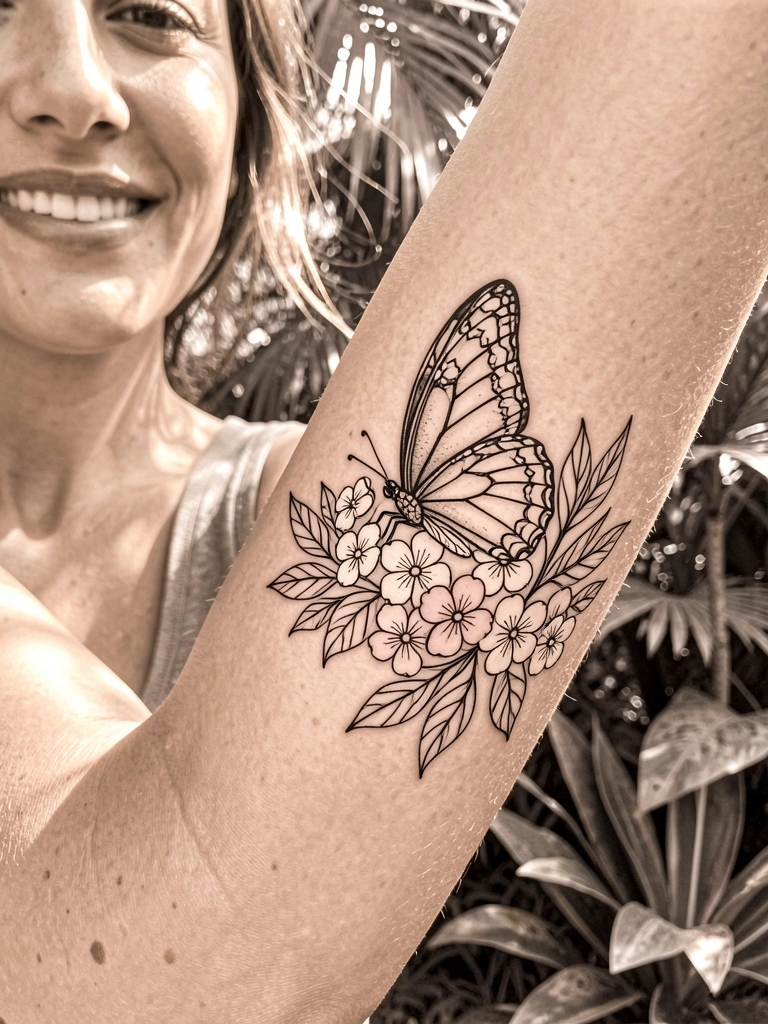 Borboleta preta detalhada com flores brancas e rosas em braço levemente bronzeado, luz natural suave e folhagem desfocada ao fundo.