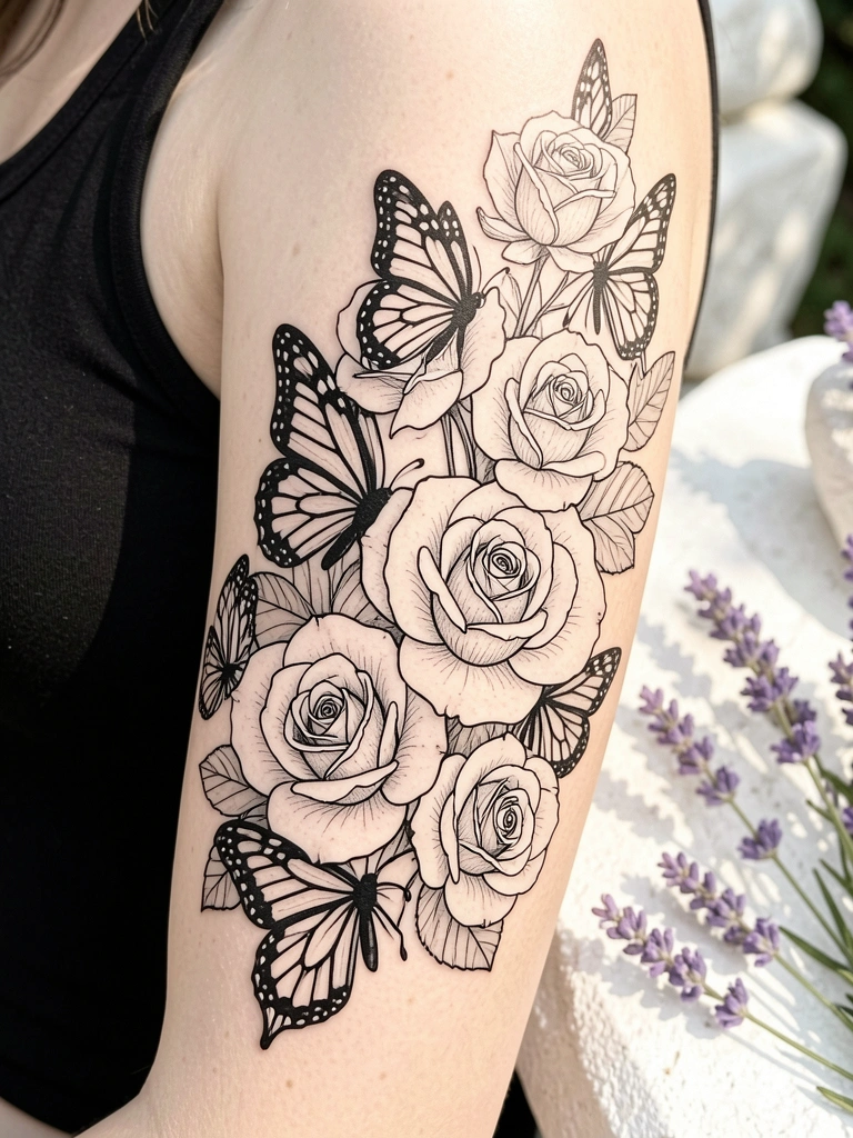 Close-up de tatuagem em preto e branco com rosas e borboletas no braço, luz difusa e fundo desfocado com pedra e lavandas.