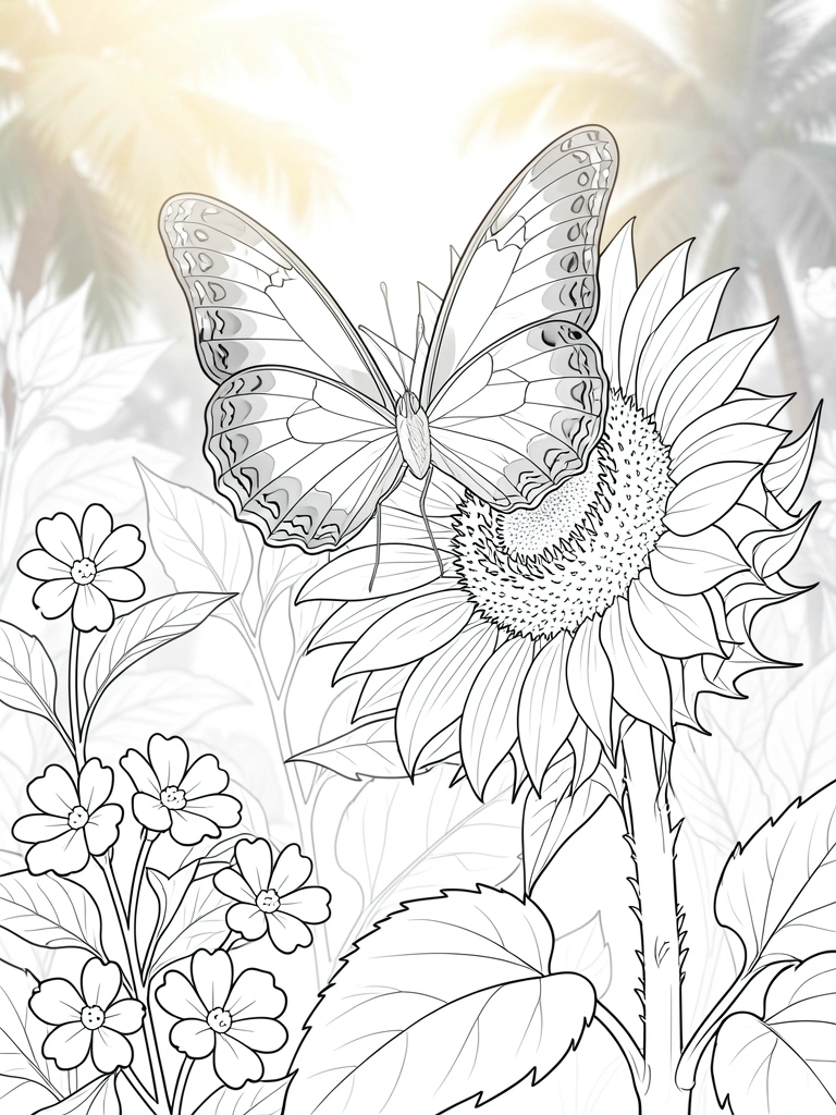 Arte linear preto e branco, borboleta pousada em caule de girassol com folhagem e flores, luz natural suave, fundo borrado de jardim tropical.
