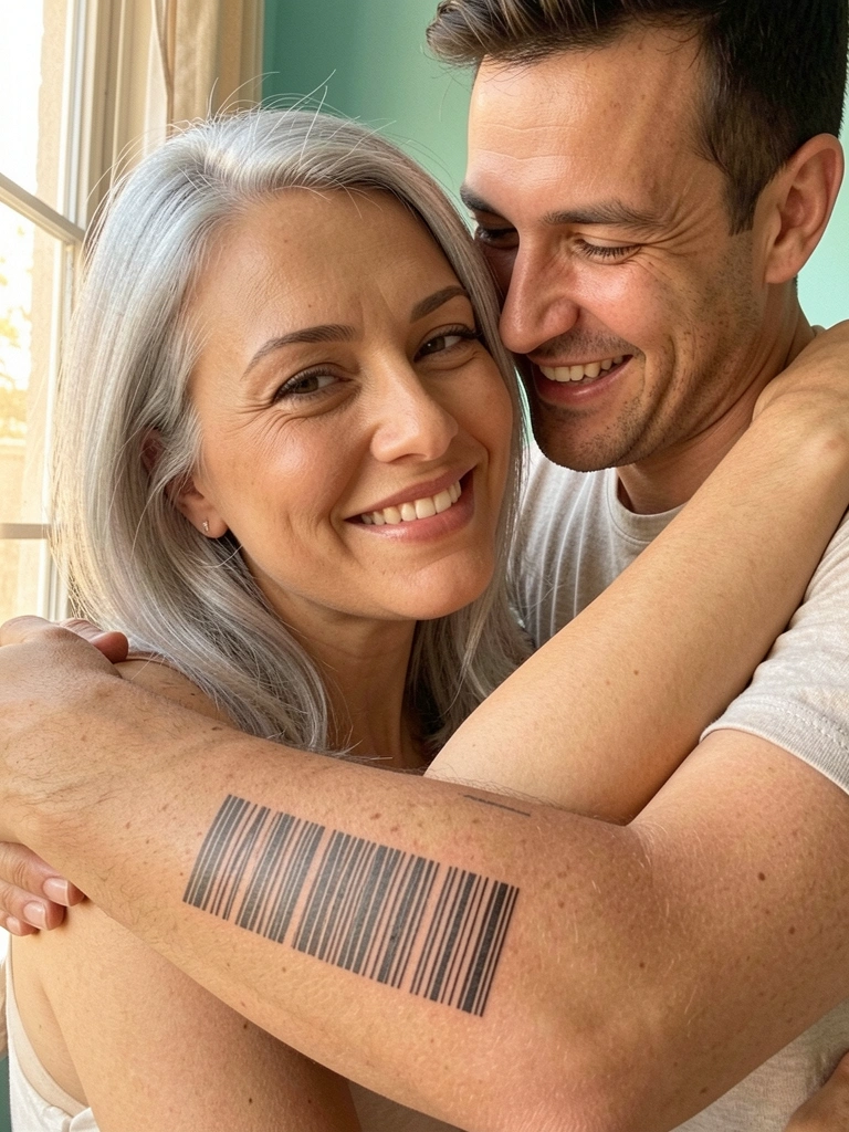 Close-up de casal abraçado: ela com cabelos prateados e sorriso, ele a abraça; ambos têm tatuagens minimalistas de código de barras nos antebraços, luz natural filtrada por janela, fundo verde-água claro.