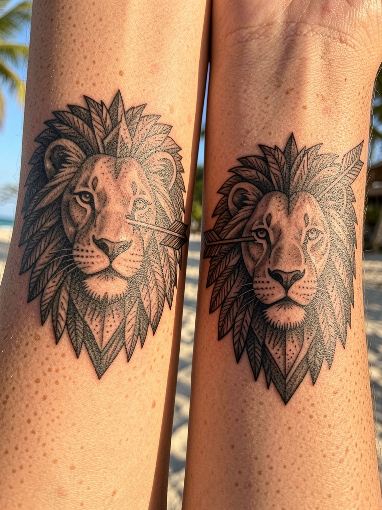 Close-up de dois pulsos com tatuagens blackwork de leões geométricos e penas, conectados por uma flecha estilizada, sob luz natural.