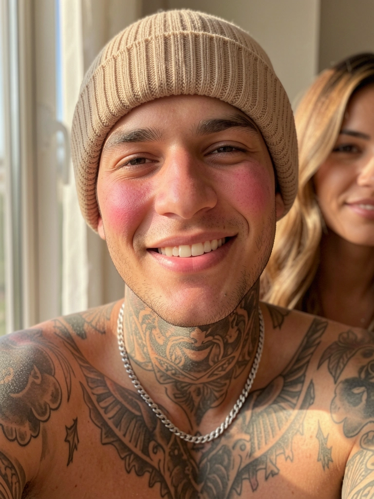 Jovem com tatuagens no pescoço e braços, sorrindo com gorro bege e corrente prateada, luz natural suave ao fundo.