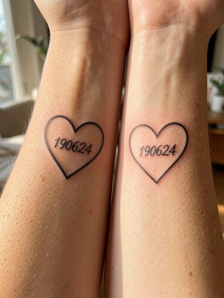 Dois pulsos femininos lado a lado, com tatuagens pretas de coração e o ano