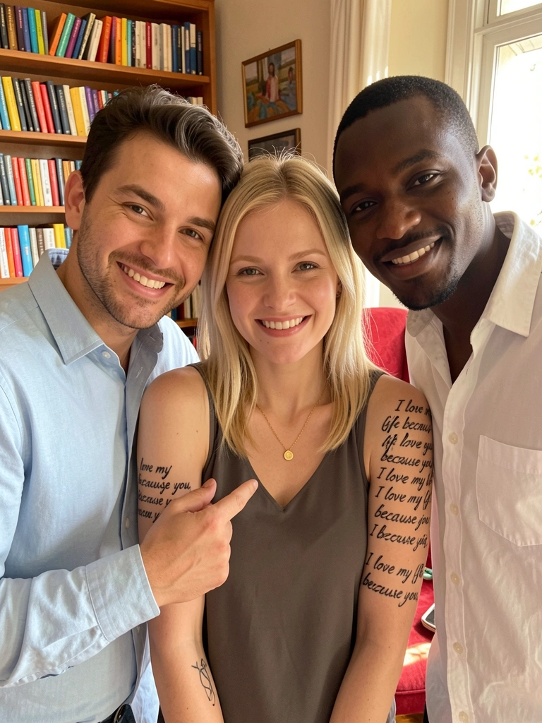 Três pessoas sorrindo com tatuagens combinando nos braços, estante de livros e poltrona vermelha ao fundo, luz natural suave.