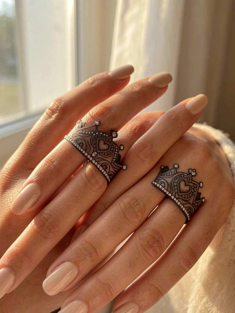 Close-up de mãos com unhas nude e tatuagens de coroa preta nos dedos anelares, detalhes com corações, luz solar suave ao fundo.